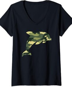 Womens Military Dolphin Camo Men Print US Beluga Fish Veteran Gift V-Neck T-Shirt