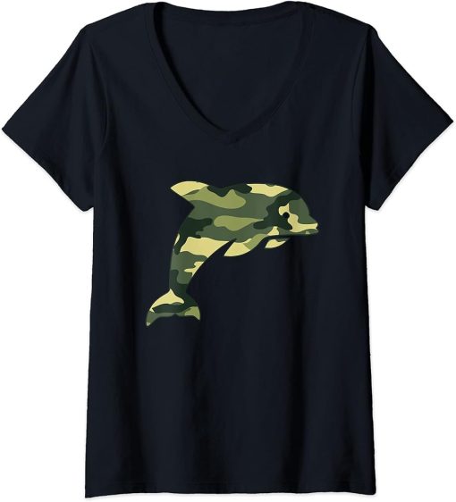 Womens Military Dolphin Camo Men Print US Beluga Fish Veteran Gift V-Neck T-Shirt