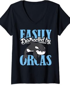 Womens Easily distracted by orcas design orca lover and orca V-Neck T-Shirt