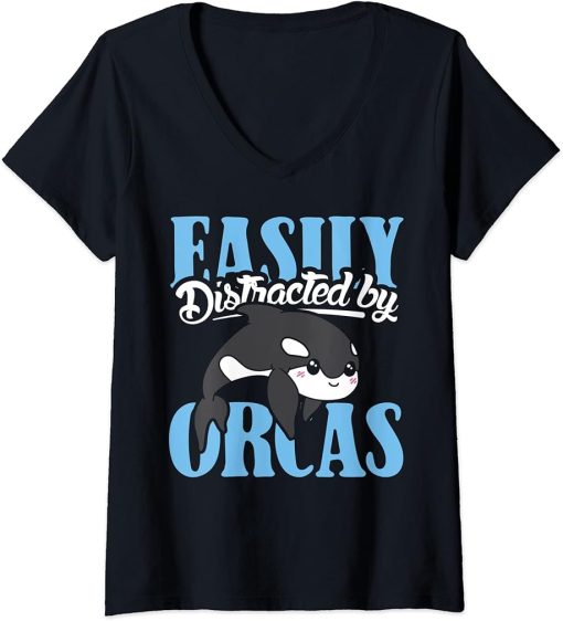 Womens Easily distracted by orcas design orca lover and orca V-Neck T-Shirt