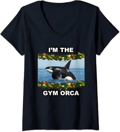 Womens I"M THE GYM ORCA CHRISTMAS XMAS V-Neck T-Shirt